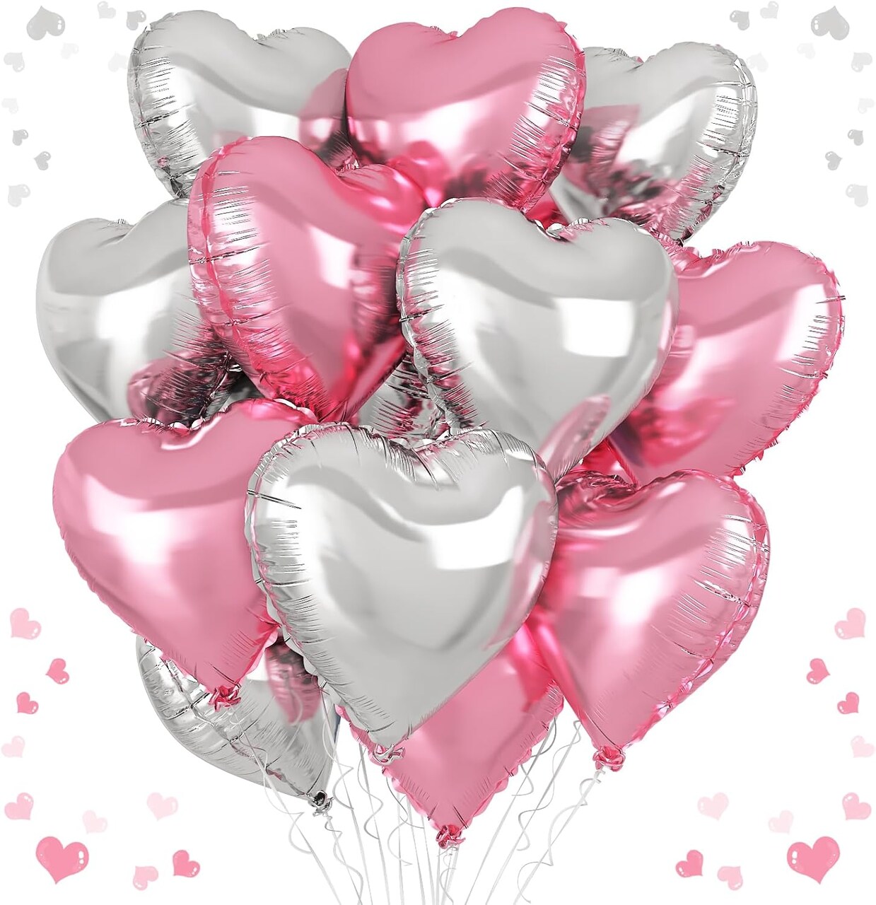 Pink & Silver Heart Balloons – 18-Inch Pearl Pink and Silver Foil Balloons (12PCS)